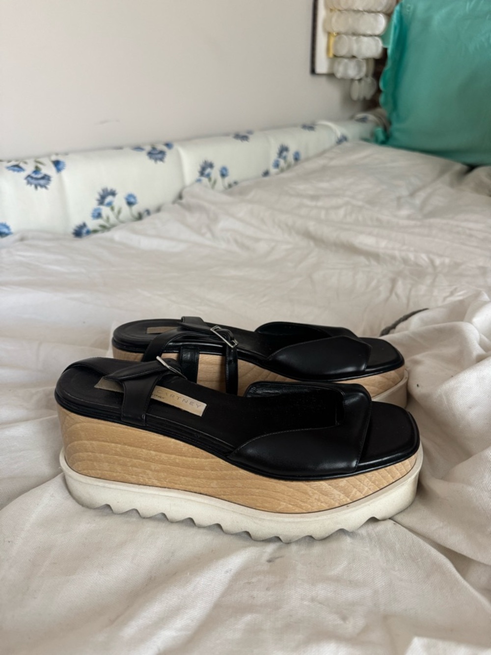 Stella McCartney Black Leather Platform Slide Sandals with Wood-Effect Midsole
